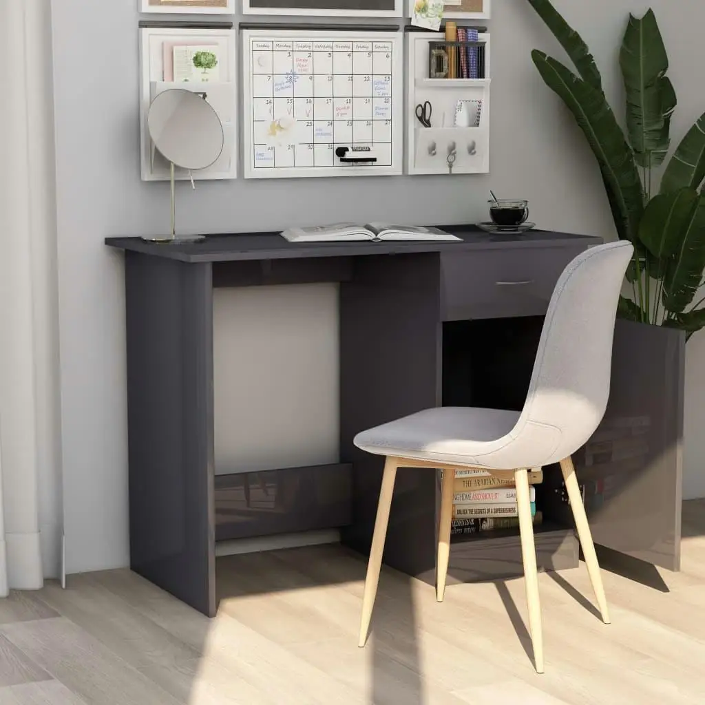 High Gloss Gray Desk - 39.4x19.7x29.9 Inch Engineered Wood Furniture for Home Office