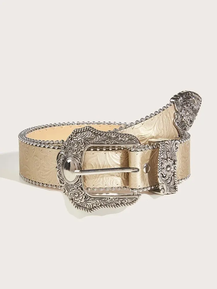 Western PU ceinture en cuir Western Cowboy femmes Cowgirl unisexe ceinture avec boucle en métal gravé