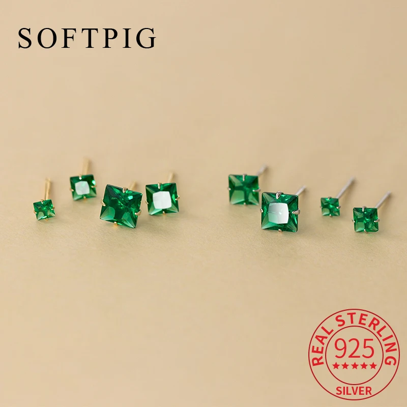 SOFTPIG Real 925 Sterling Silver Emerald Zircon Square Mini Stud Earrings for Women Classic Fine Jewelry Exquisite Accessories