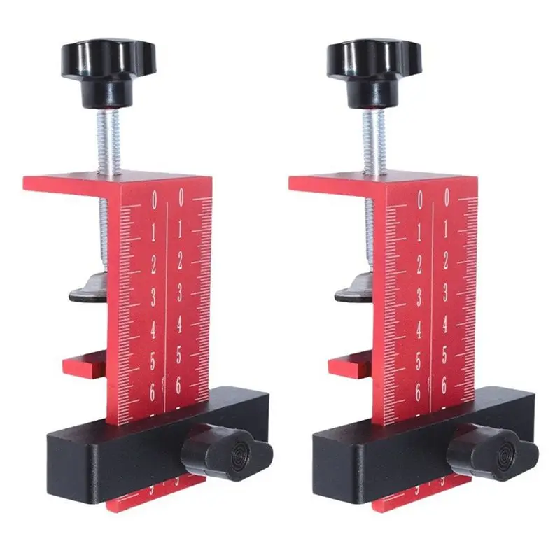 AT63 Cabinet Door Mounting Positioner Clamp, Adjustable Installation Tool, 10-40mm Thickness, 0-90mm Height Leveling, Red