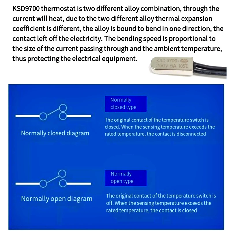 Interruptor De Controle De Temperatura De Metal, Protetor Térmico De Temperatura, Bimetal, KSD9700, 5A, 250V, 40C, 40 a 150, 5Pcs por Lote