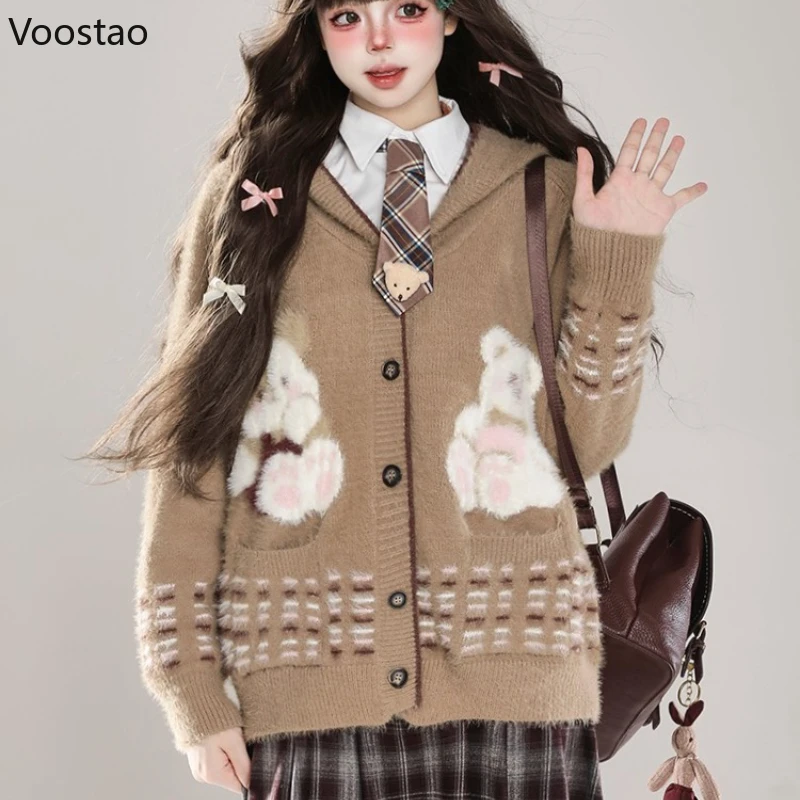 

Милый свитер с капюшоном в стиле Лолиты в консервативном стиле, женский корейский милый вязаный кардиган, куртка, японский кавайный свободный трикотаж, топы