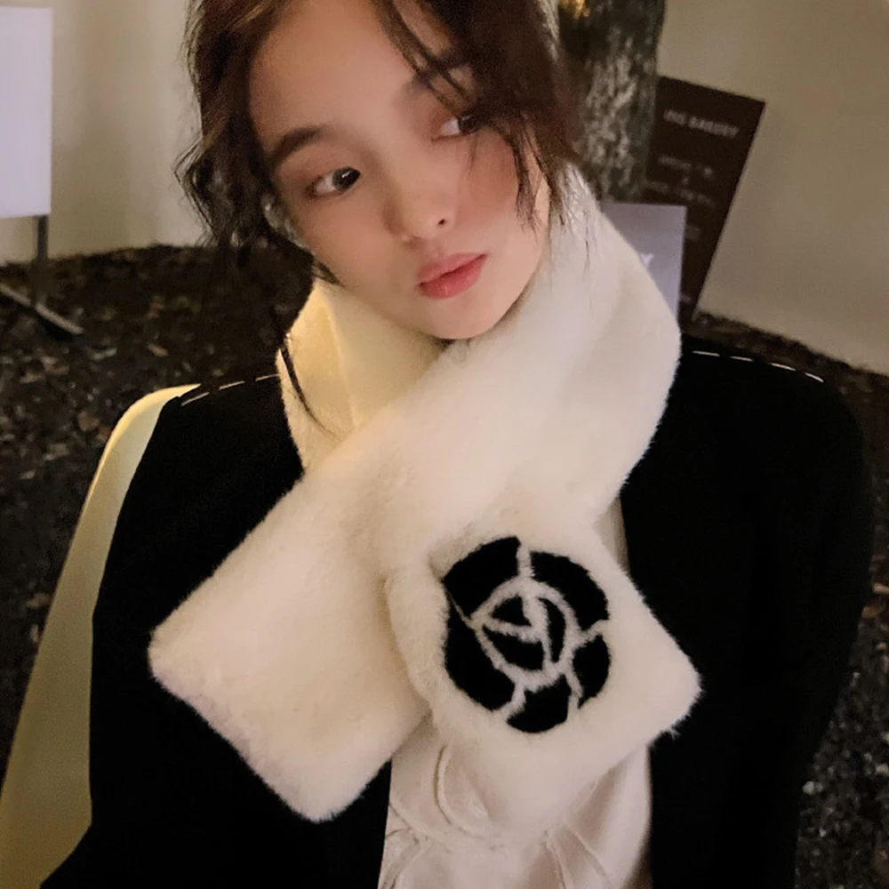 Fashion Camellia Ear Muffs Collar Shawl Neck Warmer Plush Ear Cover Keep Warm Thicken Plush Fur Scarf Winter