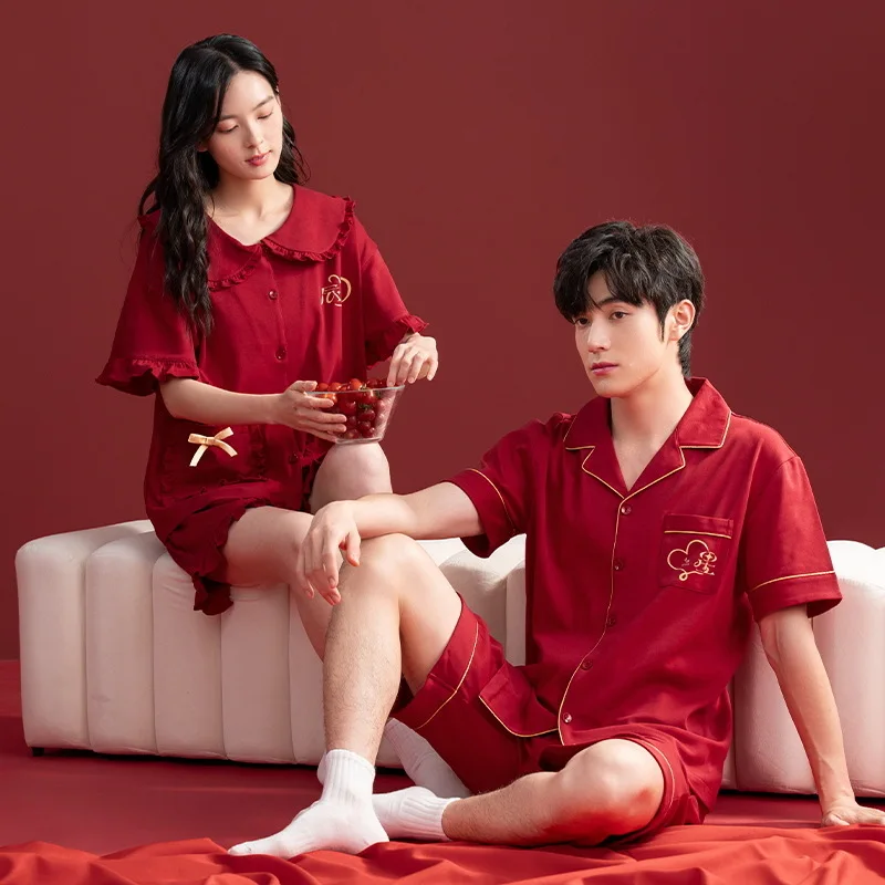 Cotton Red Color Wedding newlywed Couple Sleepwear Summer Cardigan Short Sleeves Sleeping Top Pant Nightwear Women and Men Pjs