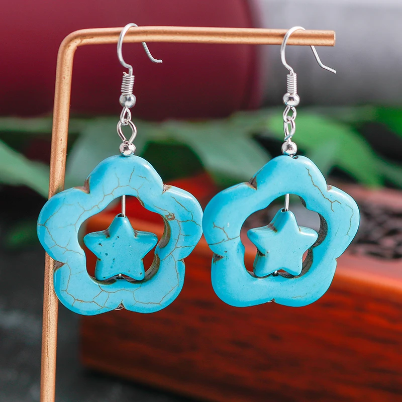 Böhmische türkisfarbene Stern-Tropfenohrringe für Frauen und Mädchen, Party, Urlaub, Schmuck, Geschenke – Detail 3