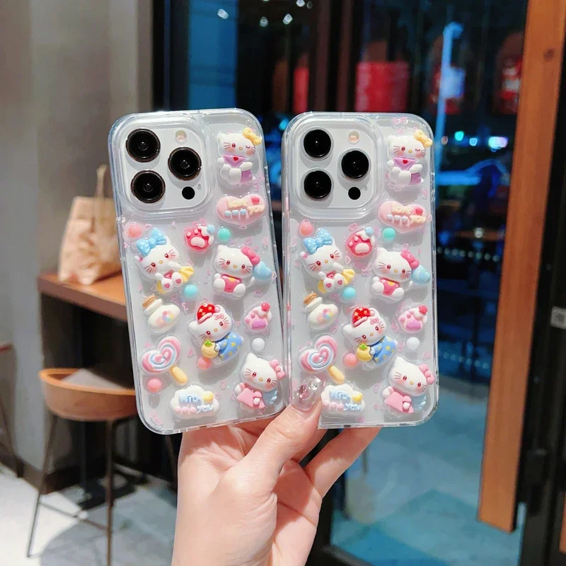 3D Cute Cartoon Sanrio Hello Kitty Cream Lollipop Transparent Phone Case For iPhone 16 15 14 13 12 11 Pro Max Clear Hard Cover