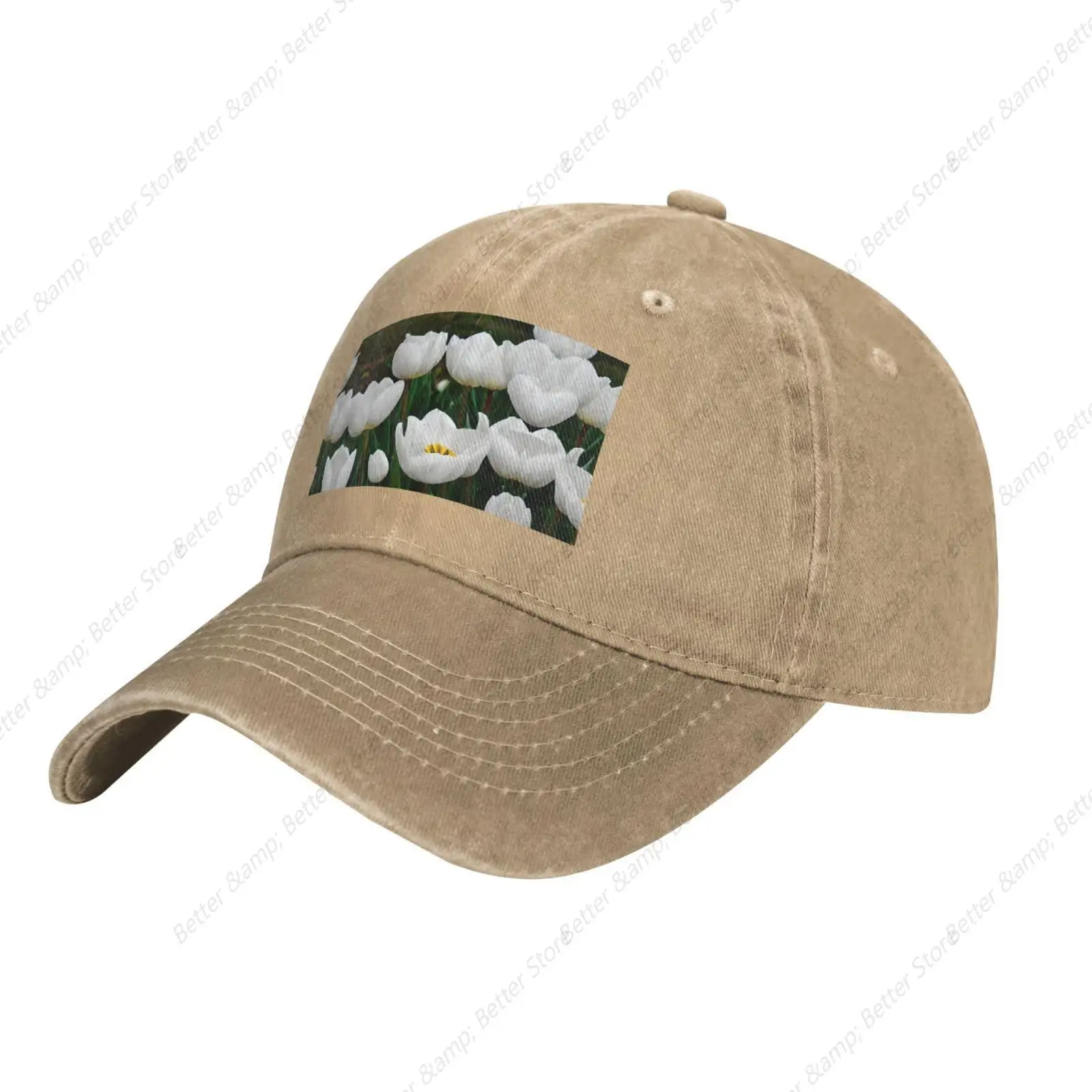 White Tulips Flower Baseball Cap Adjustable Twill Bulk with Ponytail Hole Washed Dad Hats for Men Women