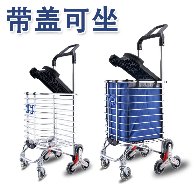 

Folding Grocery Cart Portable Shopping Aluminum Alloy Lightweight Step Climbing Trolley with Telescopic Rod 35L Big Capacity