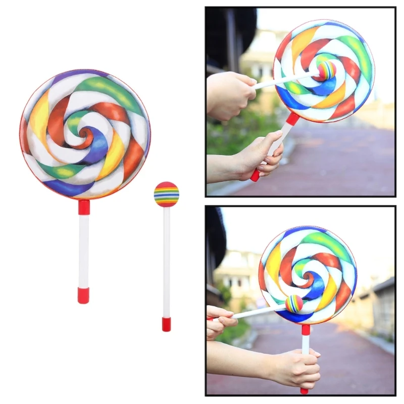 Colorful Lollipop Shape Hand Drum with Candy Drumstick Kids Hand Percussion Handheld Drum Toy Music Rhythm Instruments