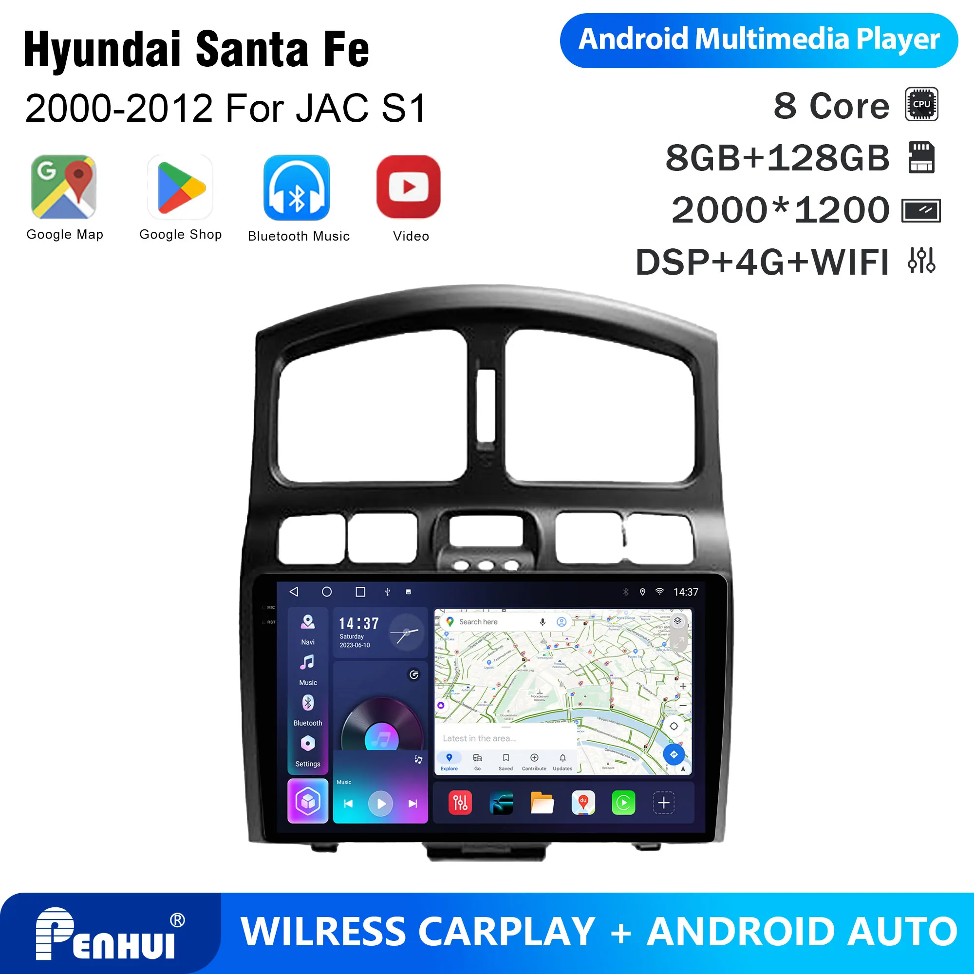 Penhui For Hyundai Santa Fe 2000-2012 For JAC Android Car DVD Player 2Din 9'' Touchscreen DSP Bluetooth Video Multimedia System