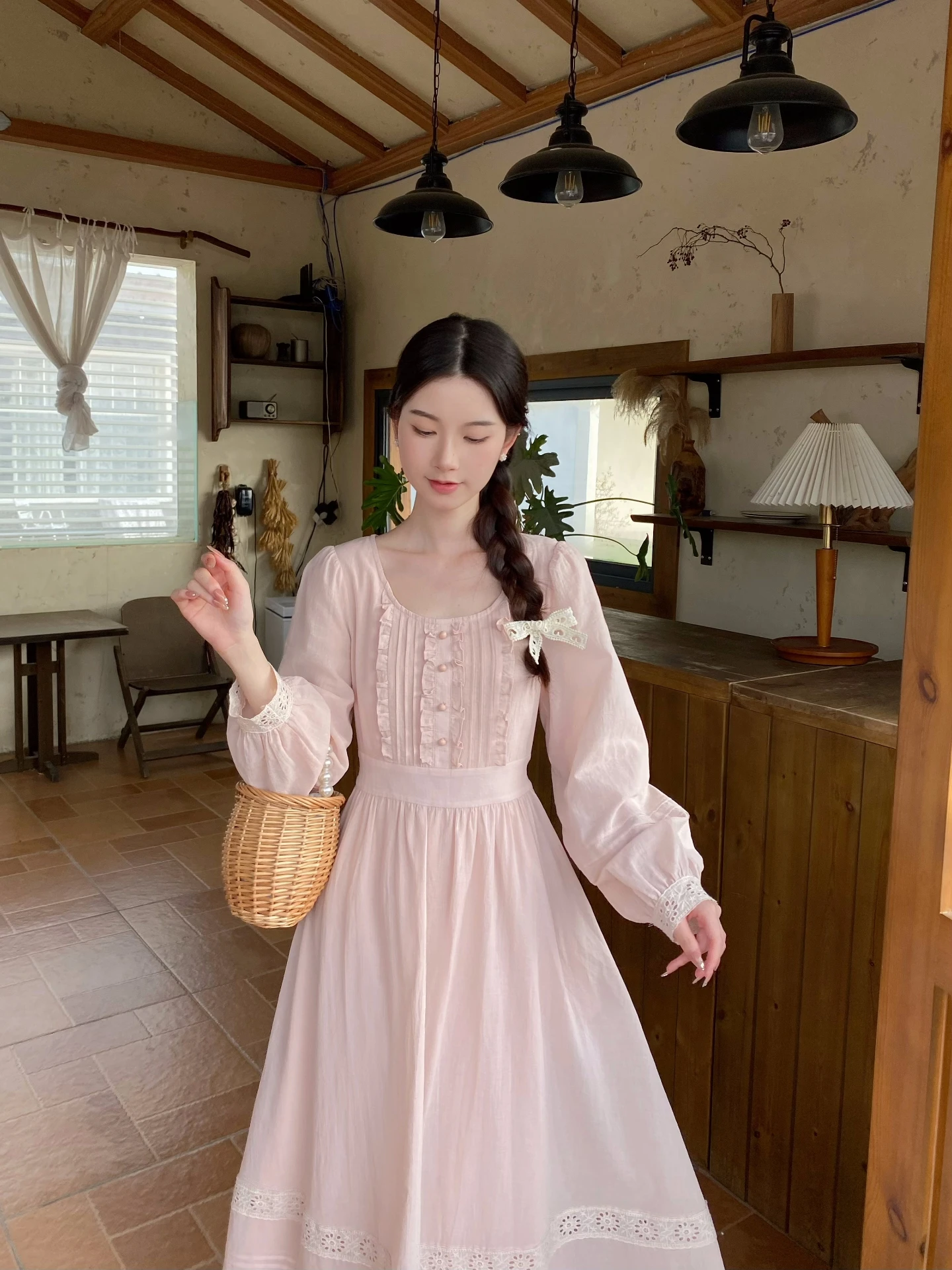 

MOBAI Gentle round Ne Lace Splicing Long Sve Long Dr Floral Trim Dr French Sle High Waist Cotton Soft A-Line Skirt