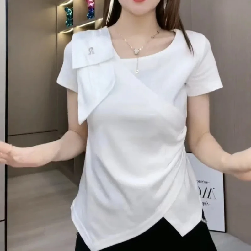 2024 Summer Fashion Simplicity Commute Women\'s V-neck Solid Color Spliced Bow Asymmetric Ruched Loose Short Sleeve T-shirts Tops