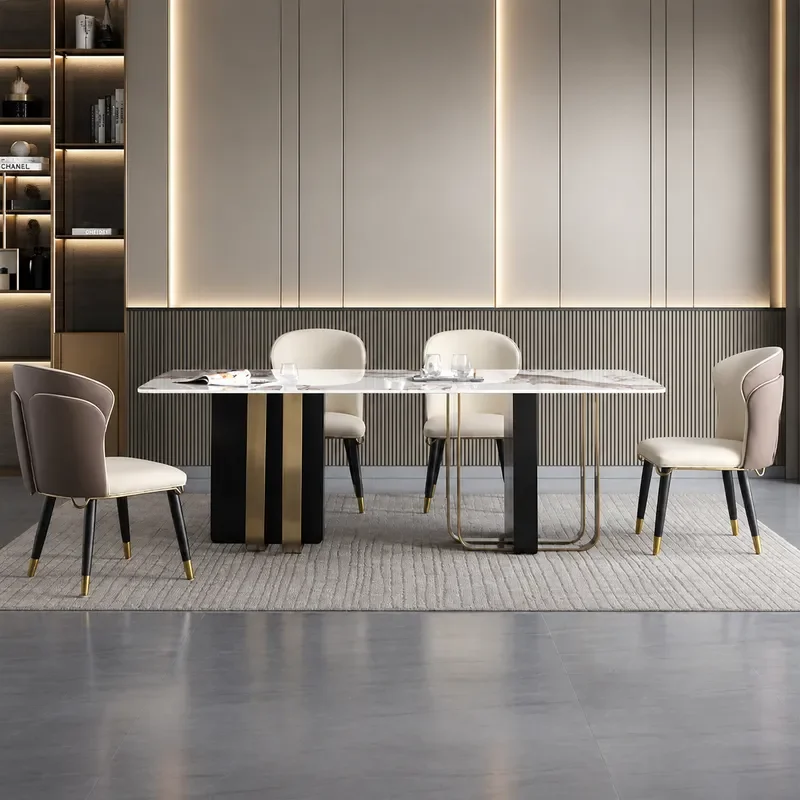 Italian Light Luxury Rectangular Dining Table and Chair Set Minimalist Modern Bright Rock Slab for Small Apartment Household