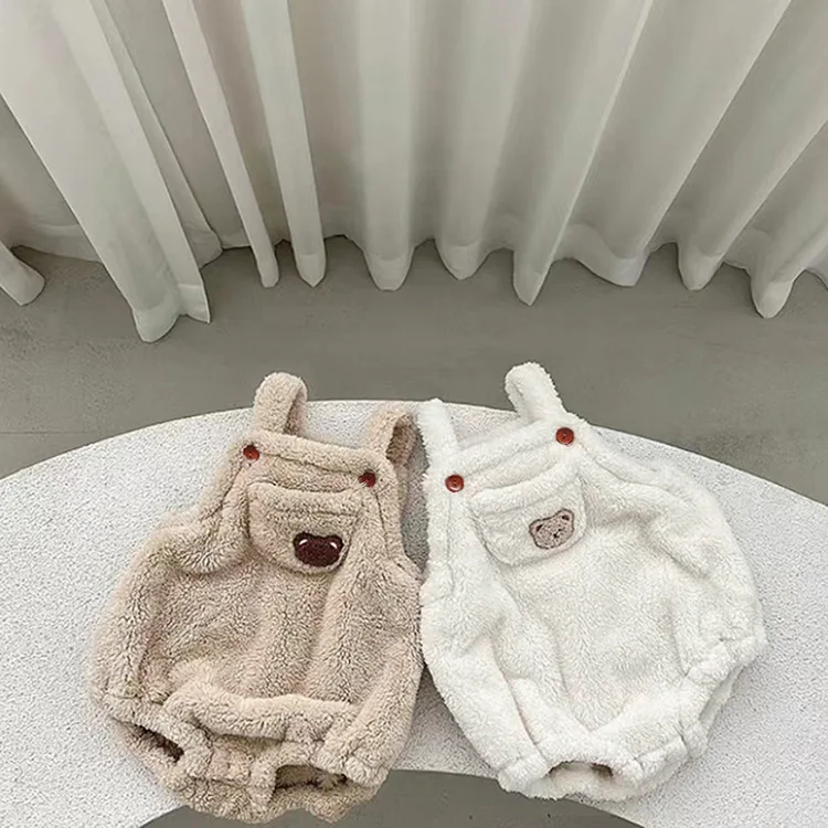 2025 Winter New Baby Sleeveless Plush Bodysuit Plus Velvet Thick Infant Girls Cute Bear Strap Jumpsuit Newborn Warm Clothes
