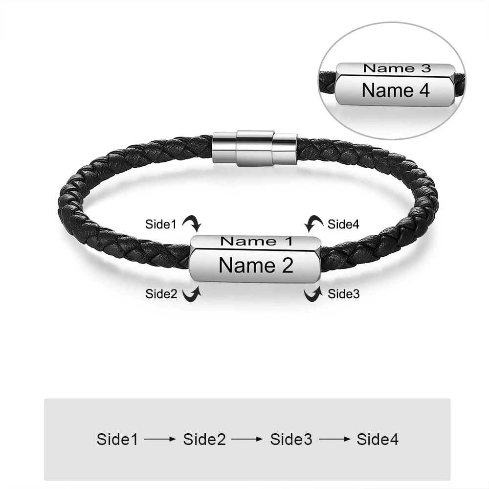 Personalized Engraved Multiple Names Bar Braided Leather Bracelet Minimalist Stainless Steel Fathers Day Jewelry Gift for Men