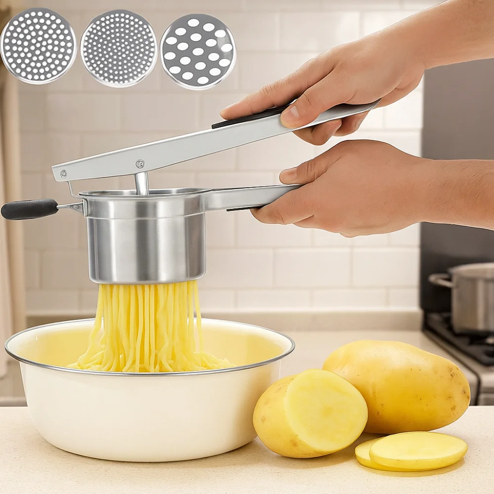 

Stainless Steel Potato Masher Manual Silicone Handle Potato Ricer Maker Hand Press with 3 Interchangeable Discs
