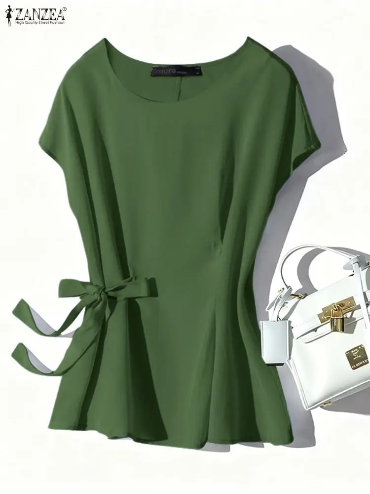 2026 ZANZEA été Blouse bureau haut pour femme élégant solide OL Chemise de travail décontracté col rond manches courtes Blusas à lacets Chemise Mujer