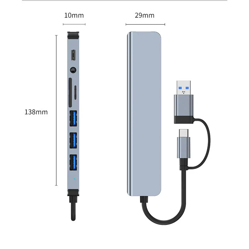 8 in 2 Disk Converter USB +Type C HUB Docking Station with 3.5mm Audio Jack Adapter Micro SD Card Reader Laptop Tablet Phone