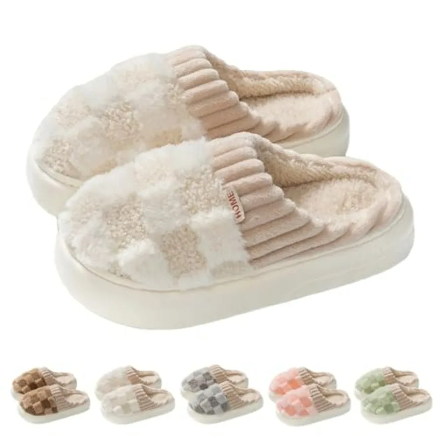 

Checkered Slipper House Slippers for Women Men Plush Warm Fuzzy Slippers Flyffy Bedroom Shoes Indoor Slip On