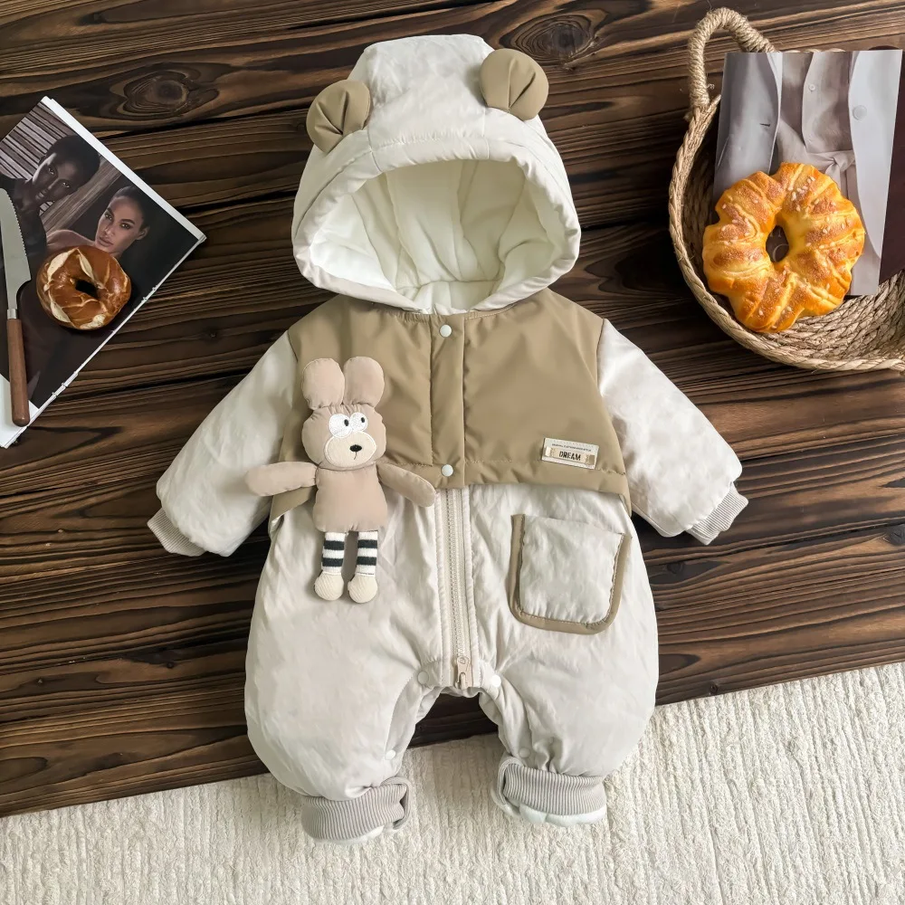 

UNIFEMEN Winter 2024 Infant Boys Bodysuit Hooded Pocket Cartoon Plus Velvet Warm Baby Boys Parkas Newborn Boys Jumpsuit