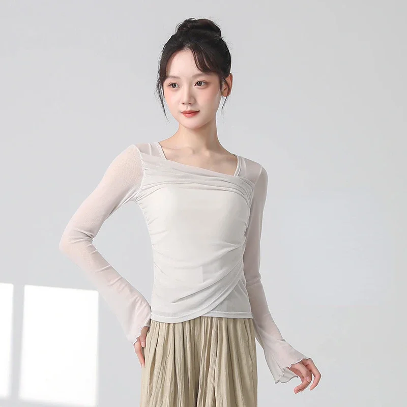 Women Classical Dance Costume Long-sleeve Yarn Top Adult Chinese Modern Hanfu Dance Training Clothes Female Dancewear