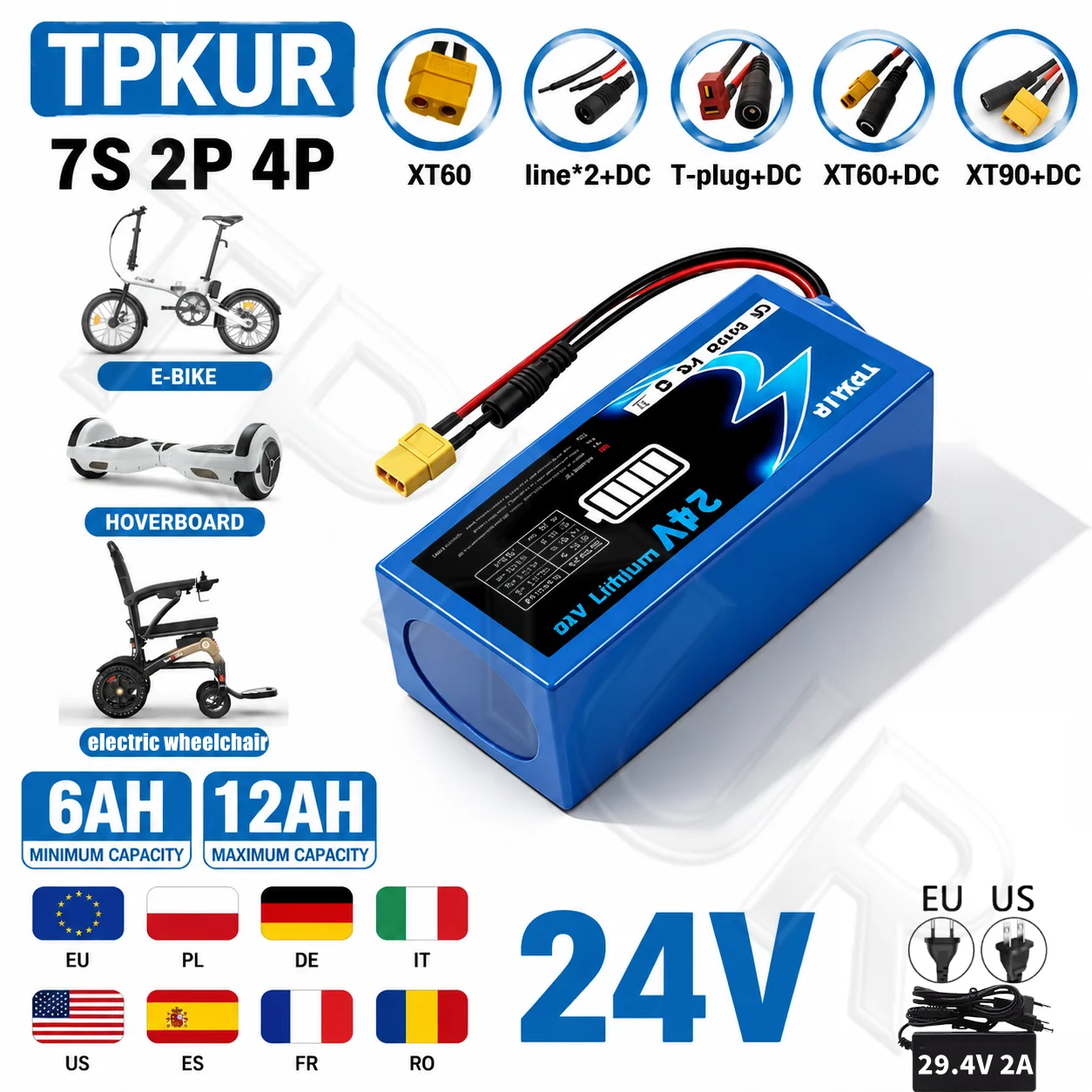 24V 6Ah 12AH Lithium Battery Pack 18650 Rechargeable Battery, Suitable for Wheelchairs, Garden Tools, and Multi-Purpose Use