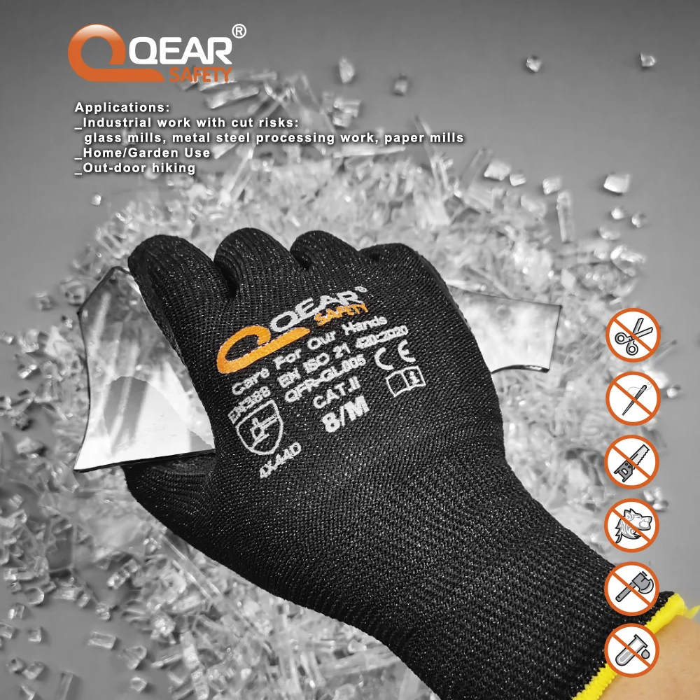 QearSafety Black HPPE Cut 5 Resistance Work Safety Glove, Latex Rubber Palm Coated, Heavy and Medium Job Handling Protect