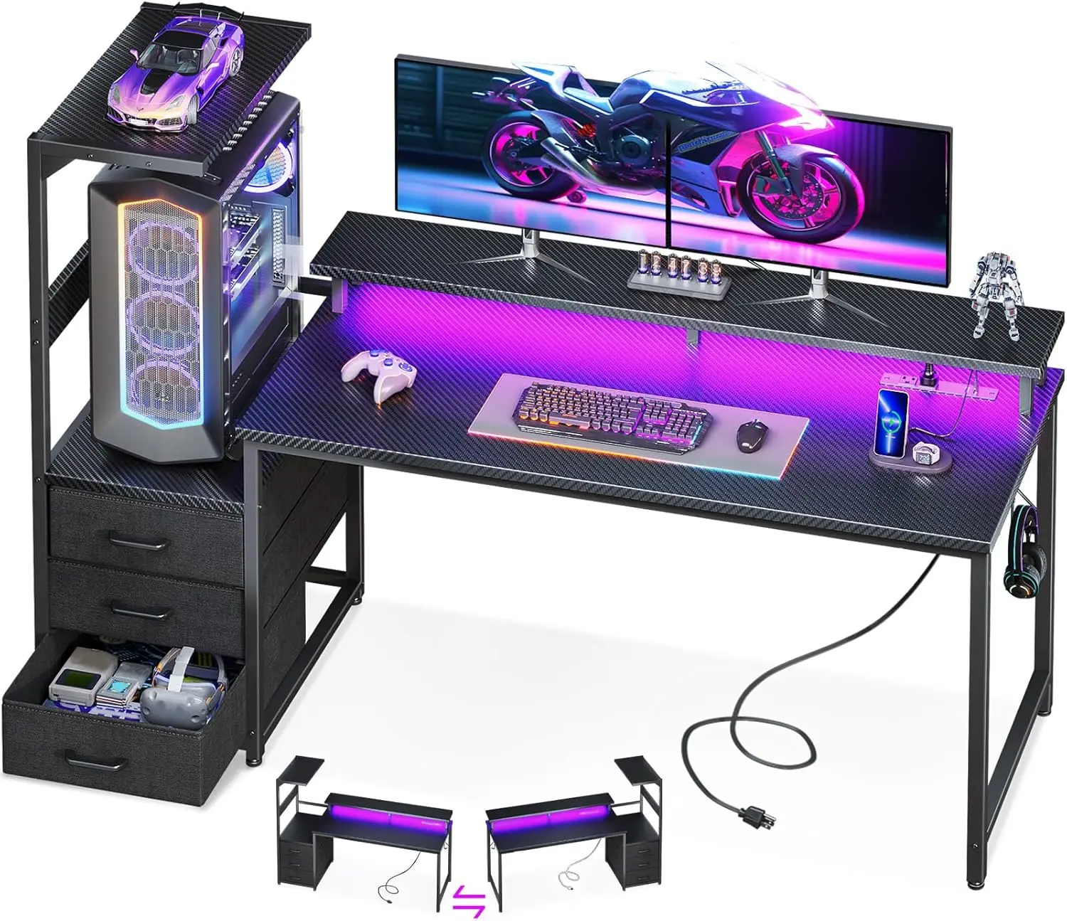 59 Inch Gaming Desk with LED Lights, USB Charging Ports, Storage Shelves & Monitor Stand - Ergonomic Computer Desk for Gamers