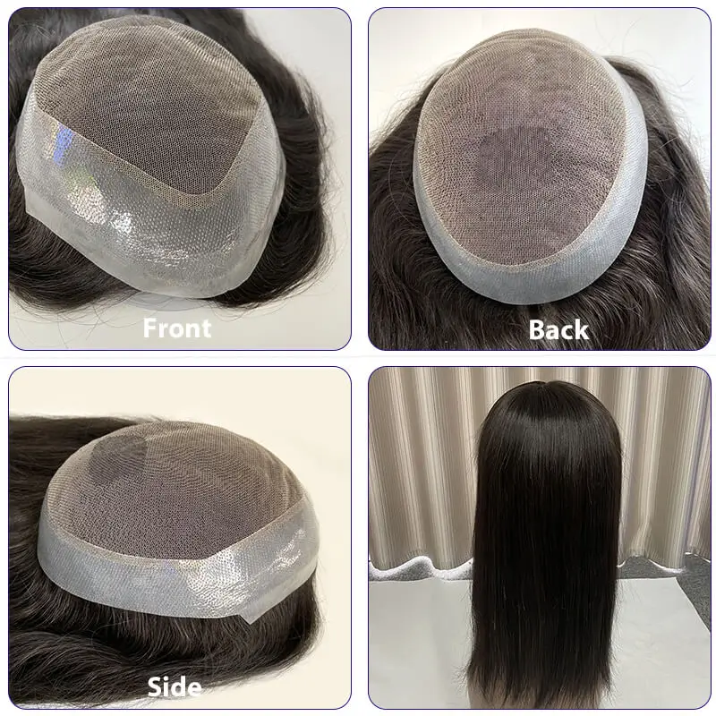 Hiasan rambut palsu dasar Pu dan renda Swiss Australia kustom untuk wanita wig rambut manusia alami antilembap bebas ongkos kirim