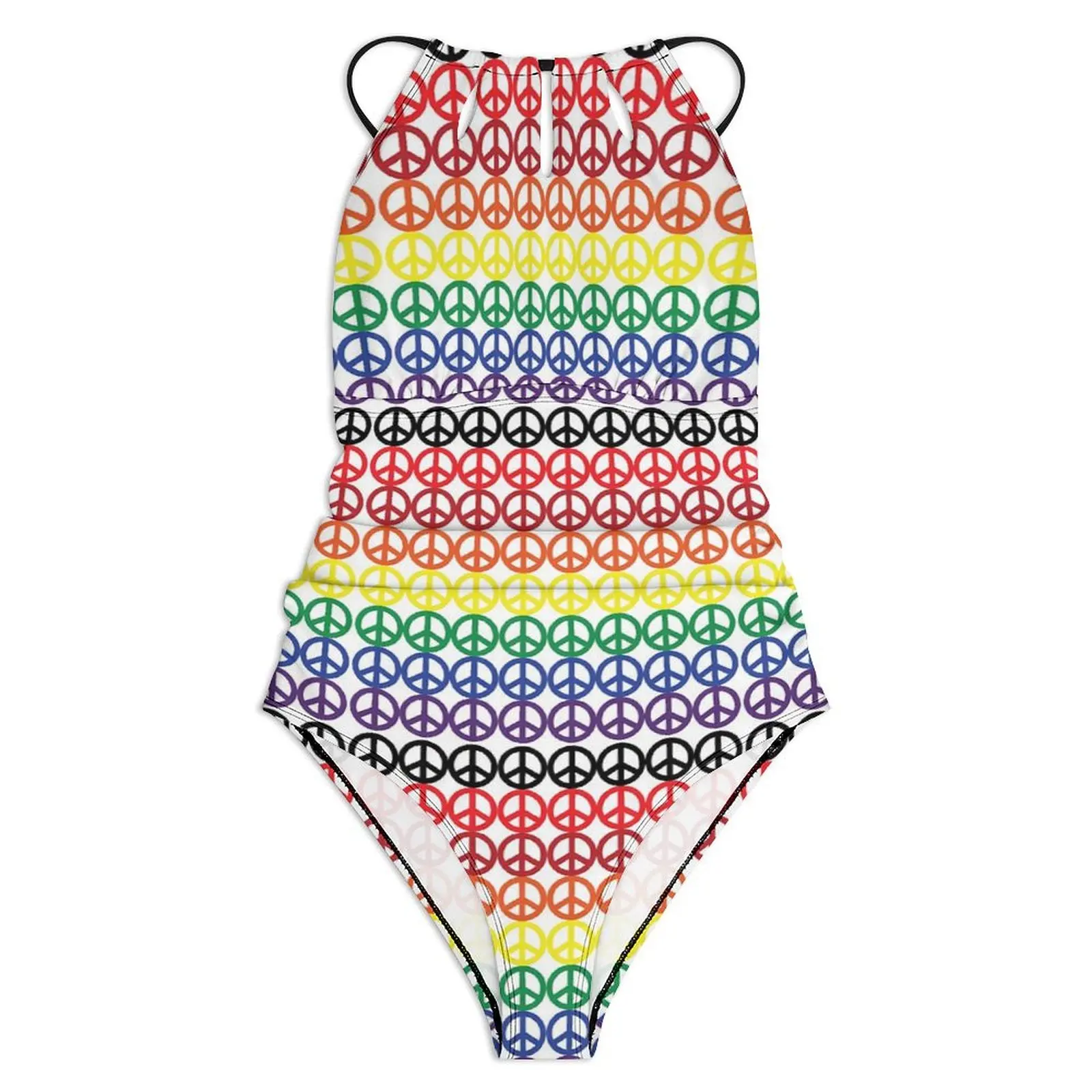 Peace Symbol Print Swimsuit Rainbow Stripes One Piece Swimwear Push Up Stylish Monokini Sexy Holiday Surf Pattern Beach Outfits