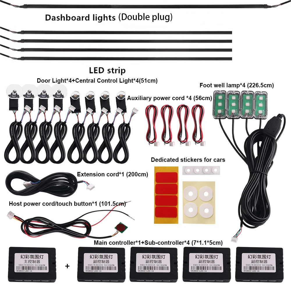 18 in 1 Ambient Light For Car Interior 64 Color Breathe Dashboard Door Decoration LED Strip Lights RGB Bluetooth App Control 12V