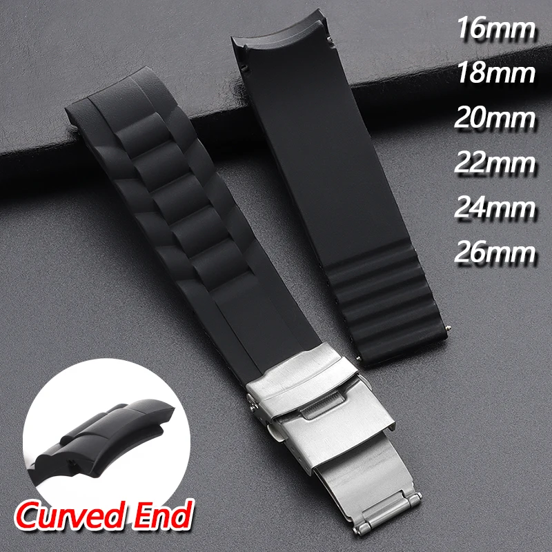 Curved End Silicone Watch Strap 16mm 18mm 20mm 22mm 24mm 26mm Sport Waterproof Rubber Watchband Deployment Clasp Wrist Bracelet