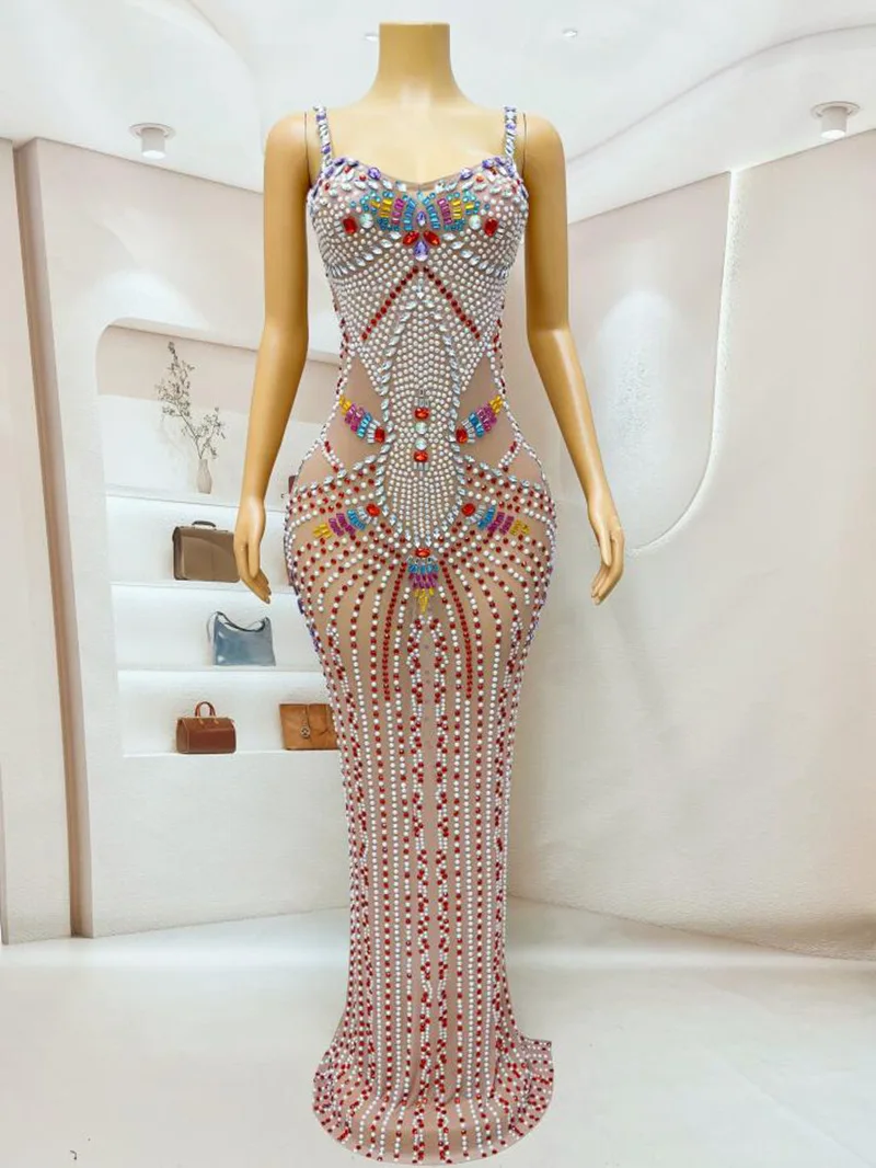 اللون مثير حجر الراين نمط العرقية نمط الحمالة مزاجه حفلة بلا أكمام فستان سهرة طويل فستان رسمي المرأة أنيقة