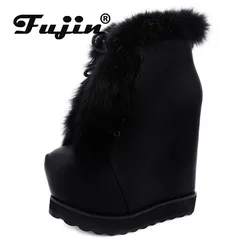 Fujin 15cm PU kobiety jesień wiosna syntetyczna botki moda Vintage buty motocyklowe skórzana platforma buty klinowe