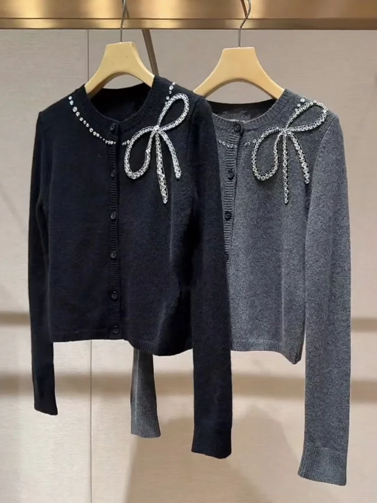 

Ele ey Long Sve Knitted Open Cardigan Women's Slim Fit Sweet Sle Sequin Knot High End Version Faionable