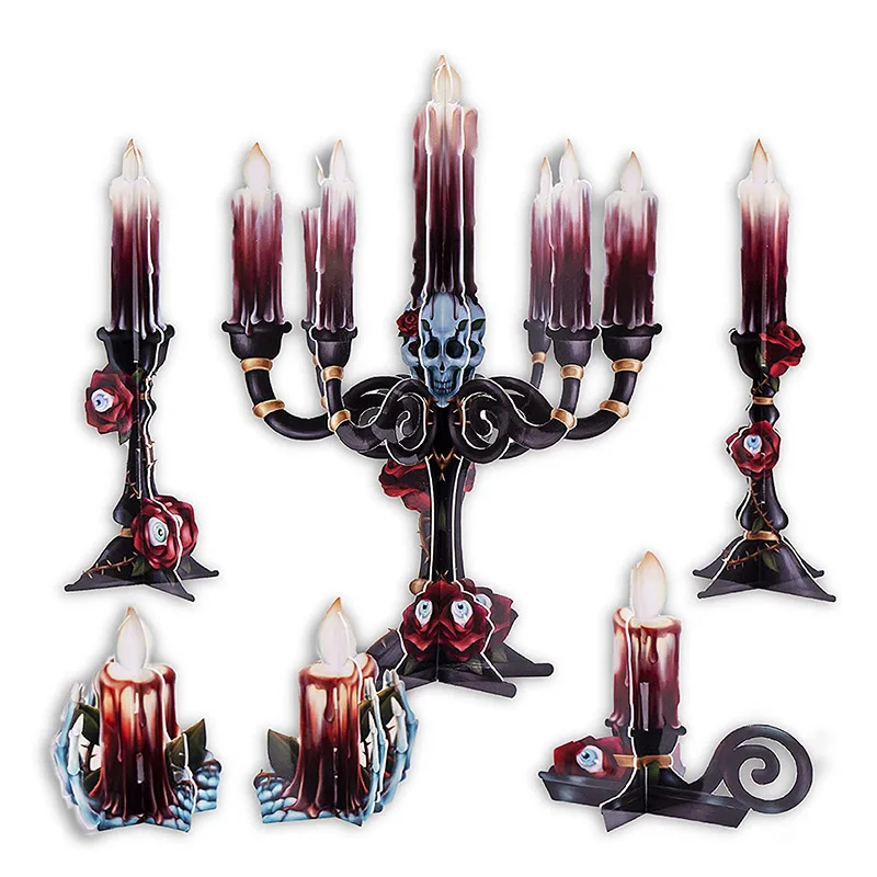 

6 pcs 3D Halloween Party Paper Candle Decorations dark brown red Rose centerpieces with Paper scary candle stands decorations