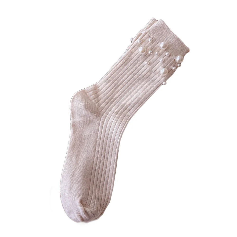 Personalized Beaded Socks Cotton Stacked Socks Pearl Decoration Fashion Simple Hosiery Solid Color Casual Hosiery Mid-tube