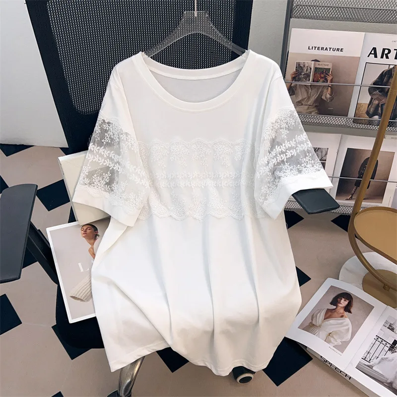 170kg plus size busto feminino 170 verão solto em torno do pescoço manga curta renda camiseta preto branco 4xl 5xl 6xl 7xl 8xl 9xl