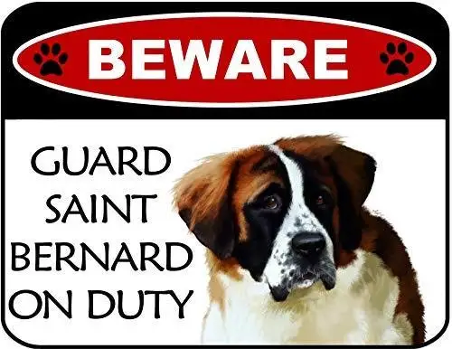 Metal Sign-Top Shelf Novelties Beware Saint Bernard On Duty Laminated Dog Sign SP3126