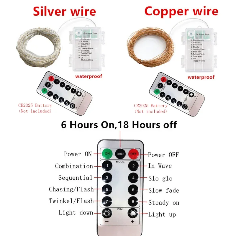 8 طرق صندوق بطارية التحكم عن بعد الأسلاك النحاسية سلك فضي LED سلسلة أضواء مقاوم للماء الزفاف جارلاند ديكور المنزل الطرف
