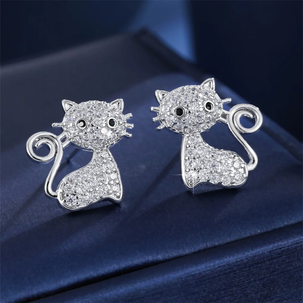 White Zircon Cute Animal Small Cat Stud Earrings For Women Fashion Gold Silver Color Ear Studs Wedding Jewelry Mother's Day Gift view 4