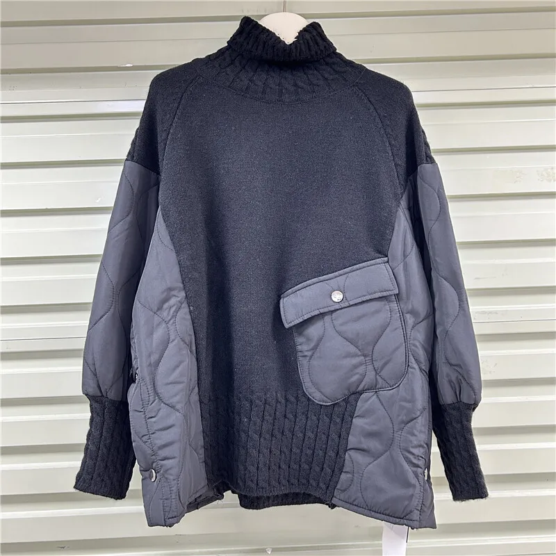 [EWQ] Casual Style Spliced Down Jacket Long Sleeve Knit Sweater Turtleneck Women Winter Thick Jumper 2024 Autumn New 16O2865