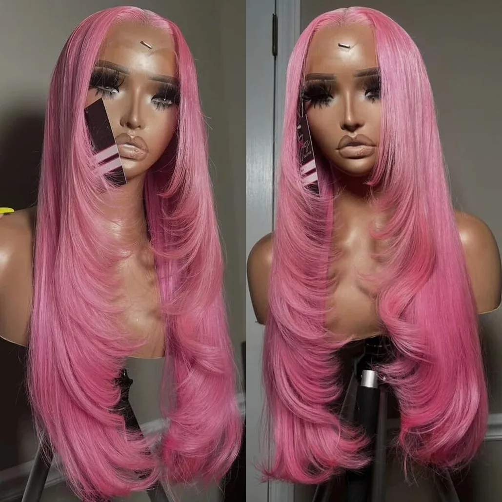 Pink Wig Layered Cut Straight Lace Front Wig PrePlucked 13x4 HD Lace Frontal Wig Synthetic And Blend High Quality Daily Cosplay