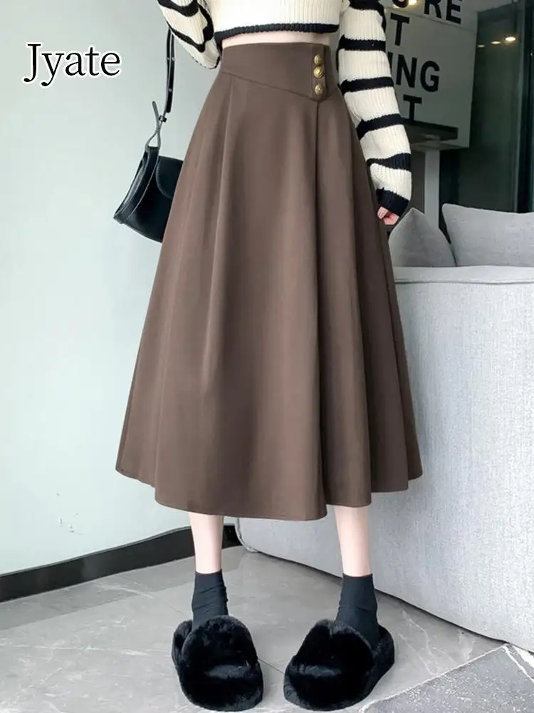 

Jyate Fashion Woolen Skirt For Women Autumn And Winter 2024 New High Waist Slim A-line Pleated Mid-length Skirt Chic Button