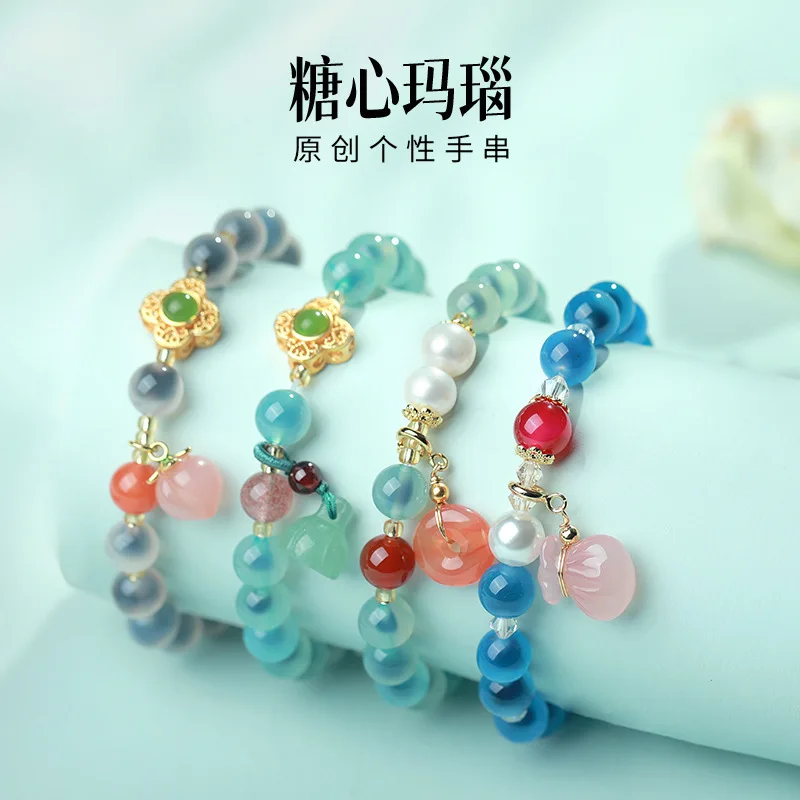 

Женская бусина из синего хрусталя лотоса, нишевый дизайн с агатовым сердечком, новый стиль 2025, лучший друг, браслет интернет-знаменитостей