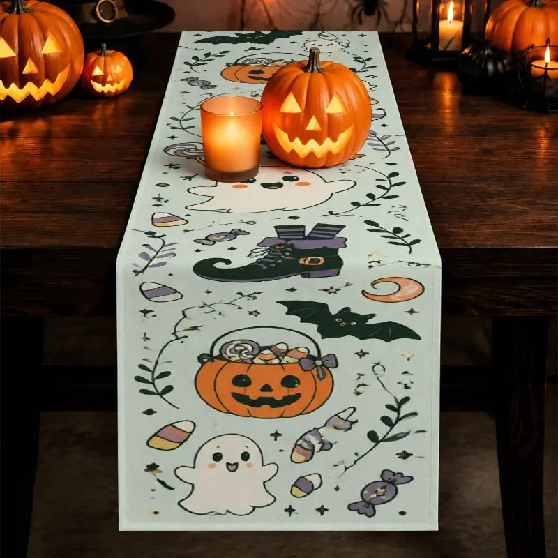 VIKAMA Halloween Table Runner Cute Ghost Pumpkin Witch Shoe Bat Candy Table Runner for Dining Table Home Halloween Party Decor