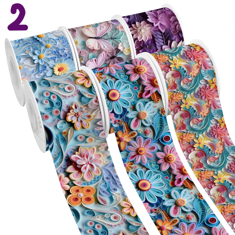 3D Embossed Cute Flowers Pattern Designs Printed Grosgrain Ribbon For Girl Head Wear Hair Bows 10 Yards Satin Ribbon