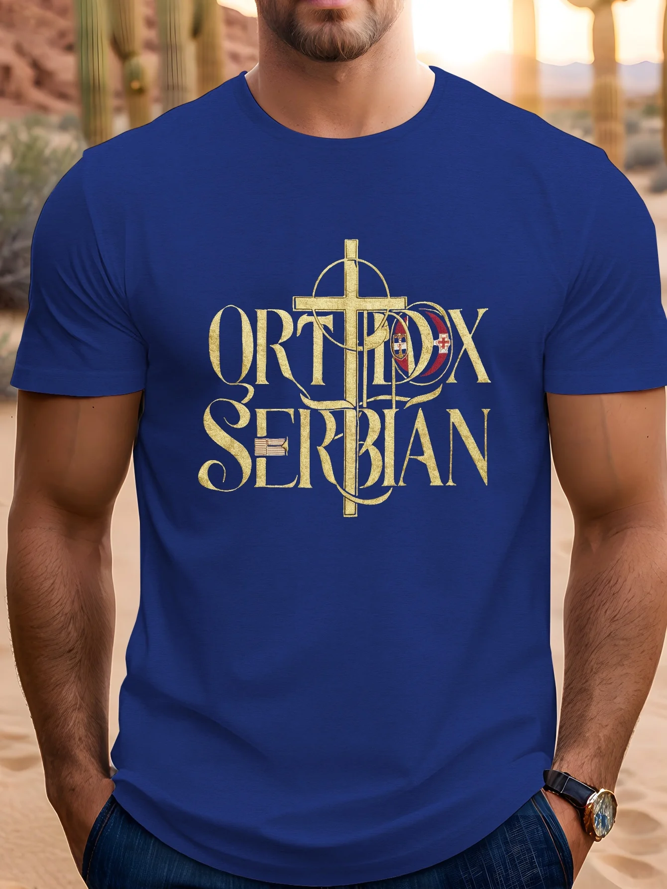 with Orthodox Serbian Cross Flag pattern -100% cotton summer short sleeve casual O-neck men's printed T-shirt.