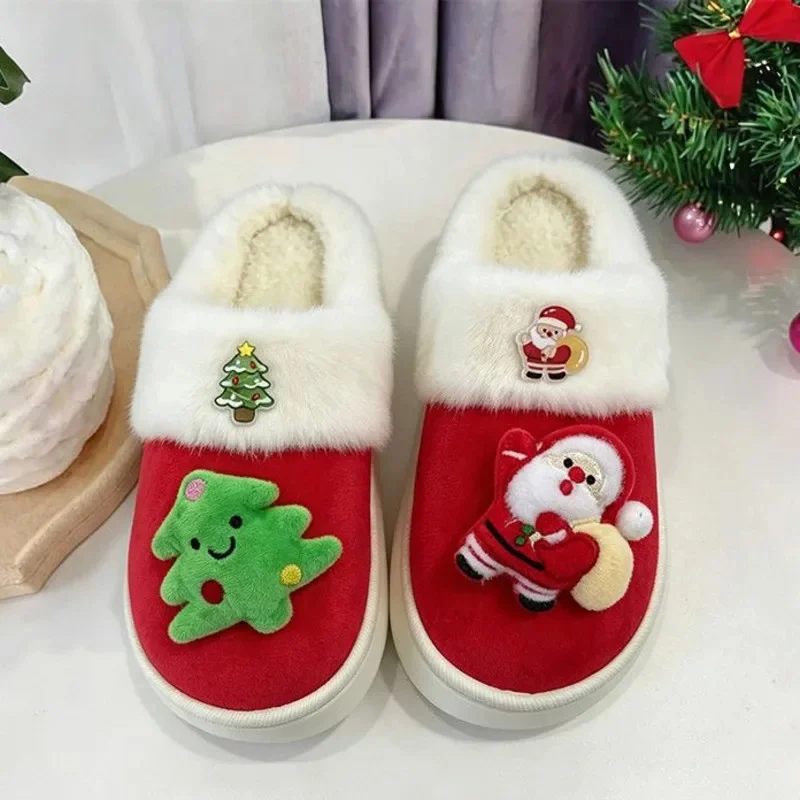 Christmas Plush Slippers Warm Cute Fuzzy Indoor Home Shoes Santa, Tree Cartoon Couple Soft Cozy, Winter Footwear Gift Men Women