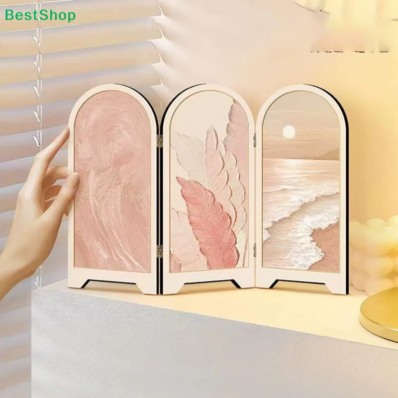 Mini Wooden Tabletop Folding Screen Hand Painted Bamboo Pattern Rattan Woven Detail For Tea Room Study Home Decor